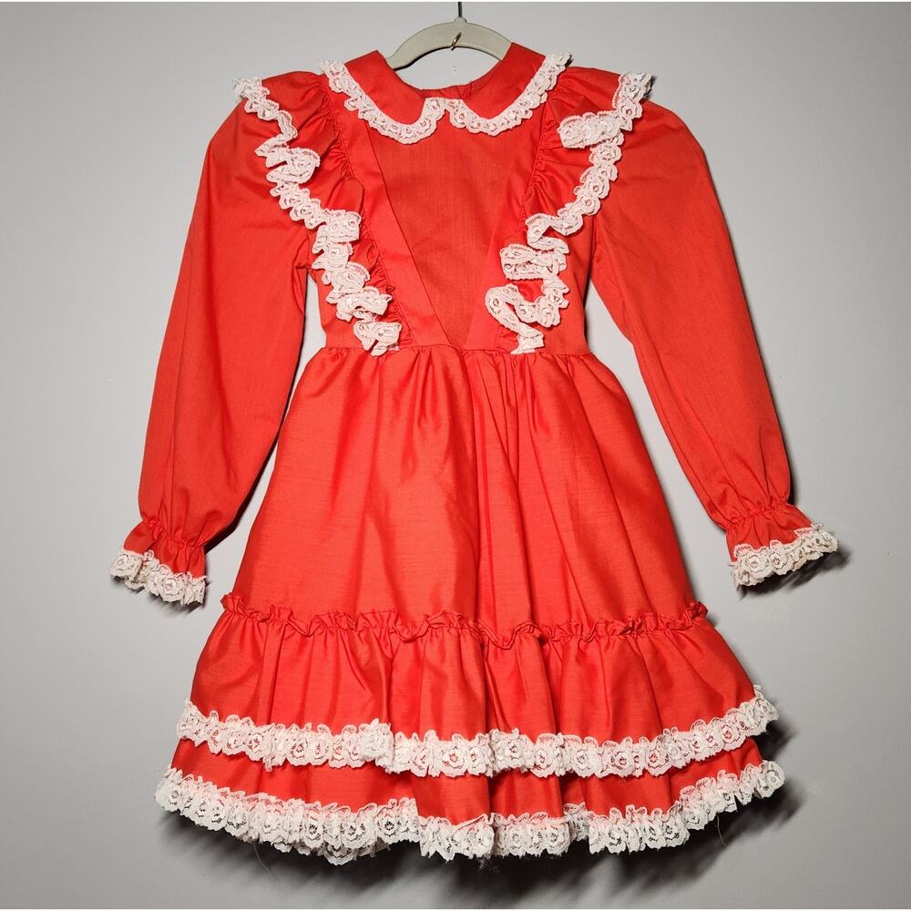 Vintage Miss Quality Red Full Ruffle Skirt Frilly Lace Dress Girls Size 7